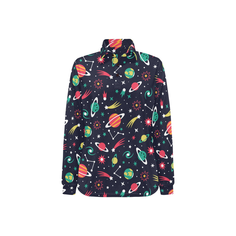 colorful space pattern planet star Women's Long Sleeve Polo Shirt
