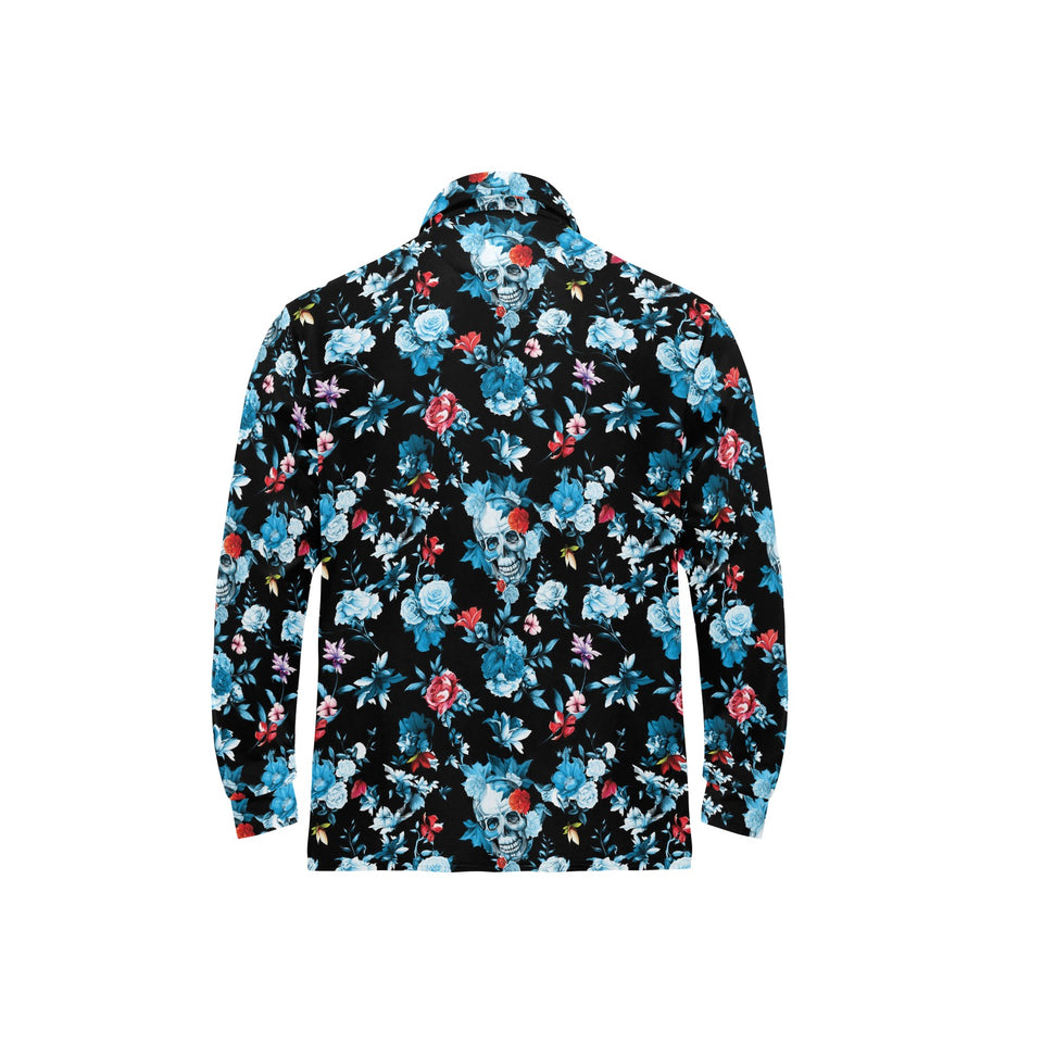Skull flower roses leave pattern Men's Long Sleeve Polo Shirt