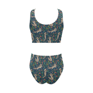 Raccoon tropical leaves pattern Chest Bowknot High Waisted Bikini Swimsuit