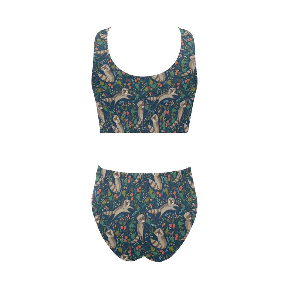 Raccoon tropical leaves pattern Chest Bowknot High Waisted Bikini Swimsuit