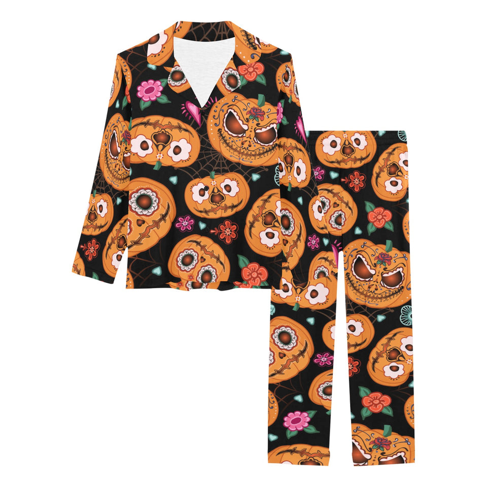 Pumpkin flowers spiderweb Halloween theme Women's Long Pajama Set