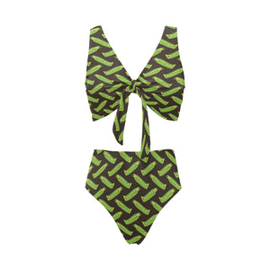 Green Peas Pattern Print Design 05 Chest Bowknot High Waisted Bikini Swimsuit