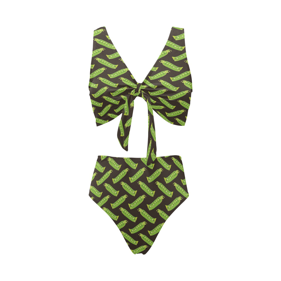 Green Peas Pattern Print Design 05 Chest Bowknot High Waisted Bikini Swimsuit