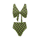 Green Peas Pattern Print Design 05 Chest Bowknot High Waisted Bikini Swimsuit