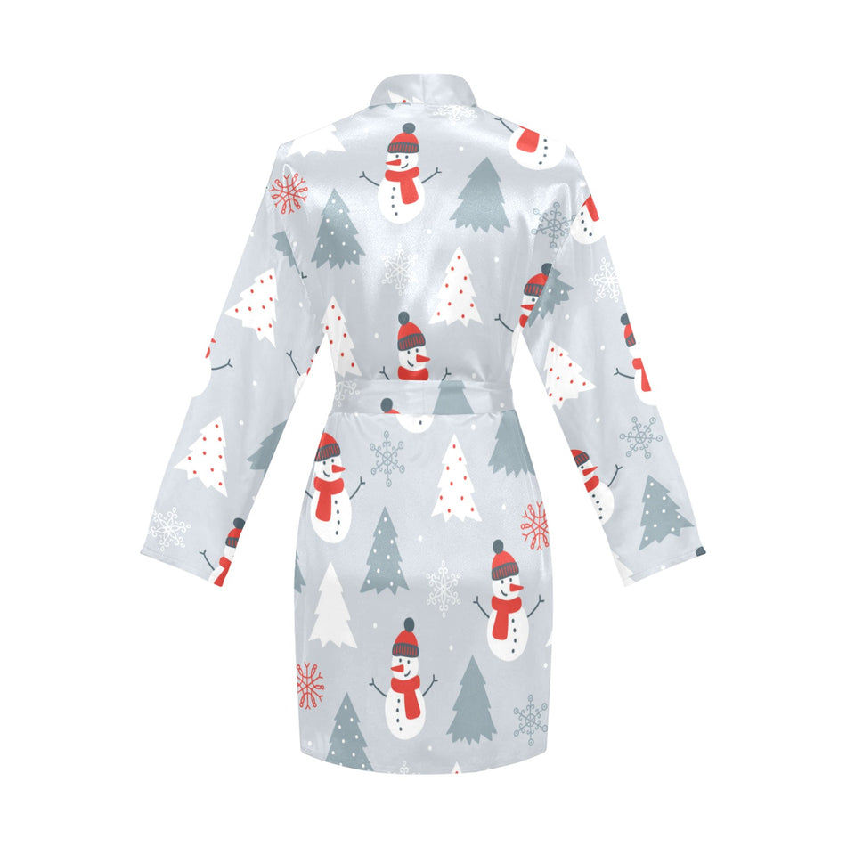 Snowman christmas tree snow gray background Women's Long Sleeve Belted Night Robe