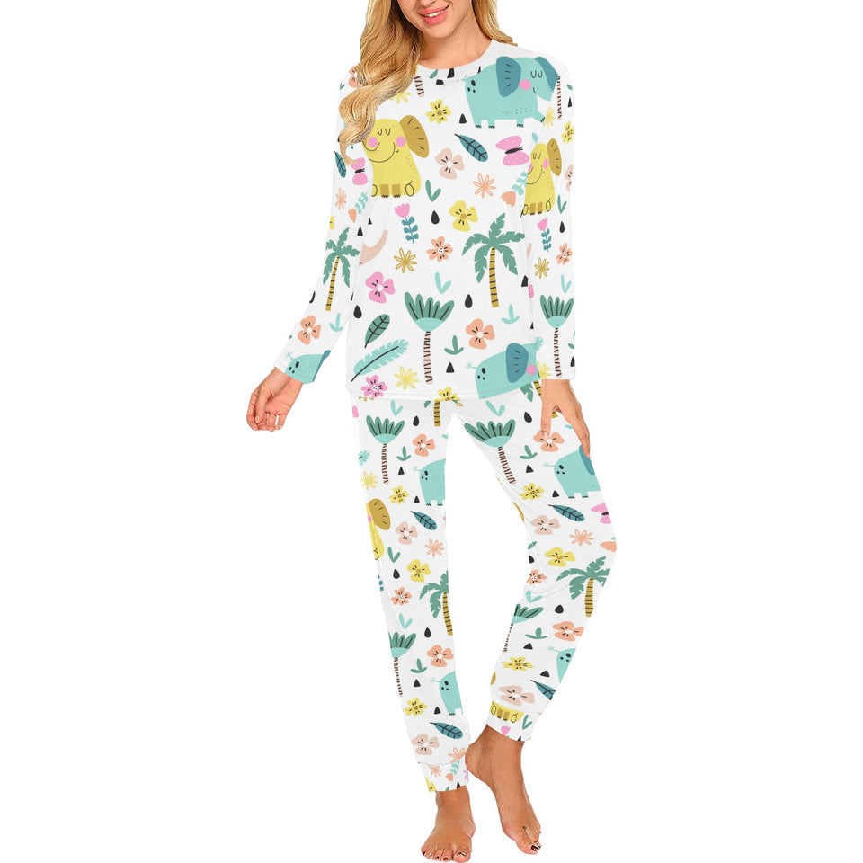 Cute elephants palm tree flower butterfly pattern Women's All Over Print Pajama Set