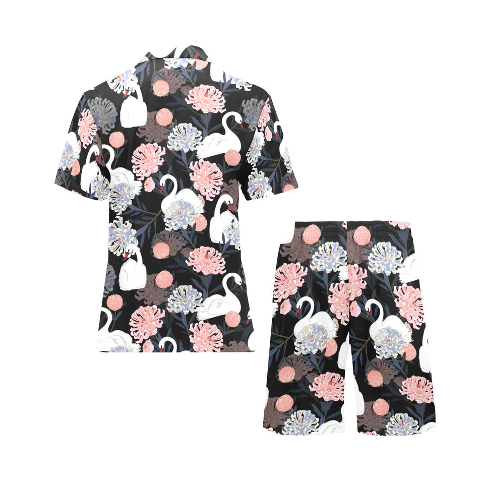 white swan blooming flower pattern Men's V-Neck Short Pajama Set