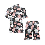 white swan blooming flower pattern Men's V-Neck Short Pajama Set