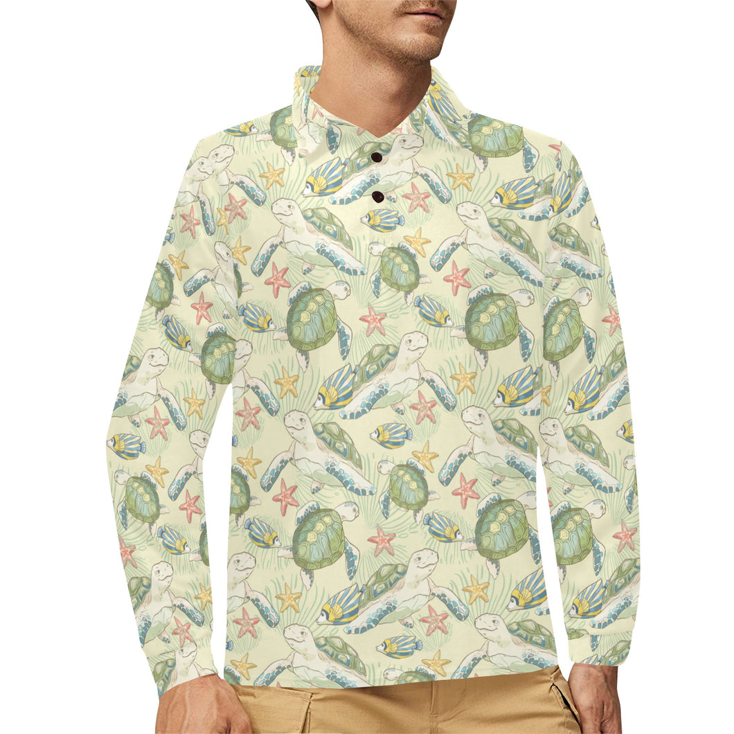 Hand drawn sea turtle fish pattern Men's Long Sleeve Polo Shirt