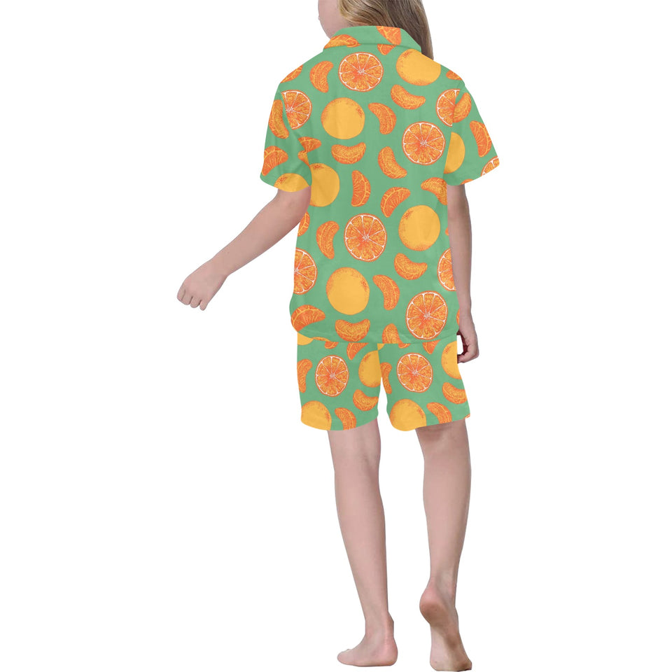 orange fruit pattern green background Kids' Boys' Girls' V-Neck Short Pajama Set