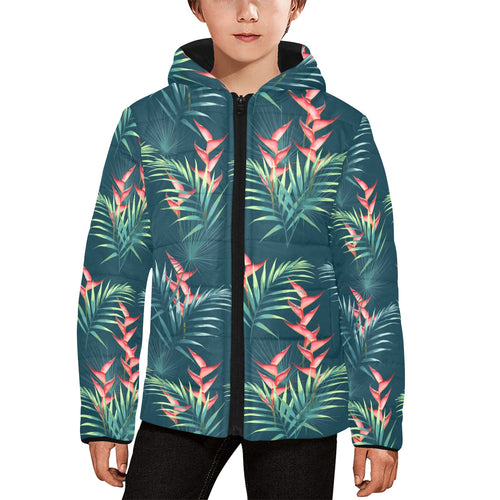 heliconia flowers, palm and monstera leaves on bla Kids' Boys' Girls' Padded Hooded Jacket