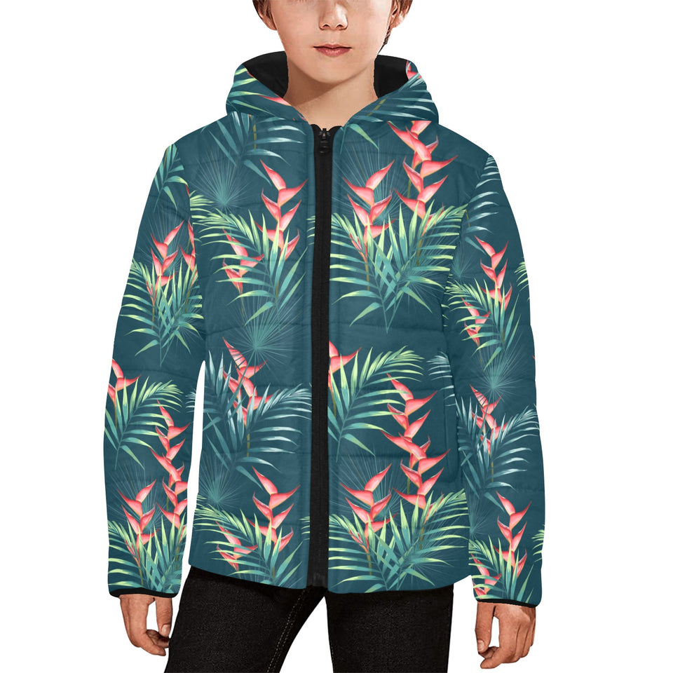 heliconia flowers, palm and monstera leaves on bla Kids' Boys' Girls' Padded Hooded Jacket