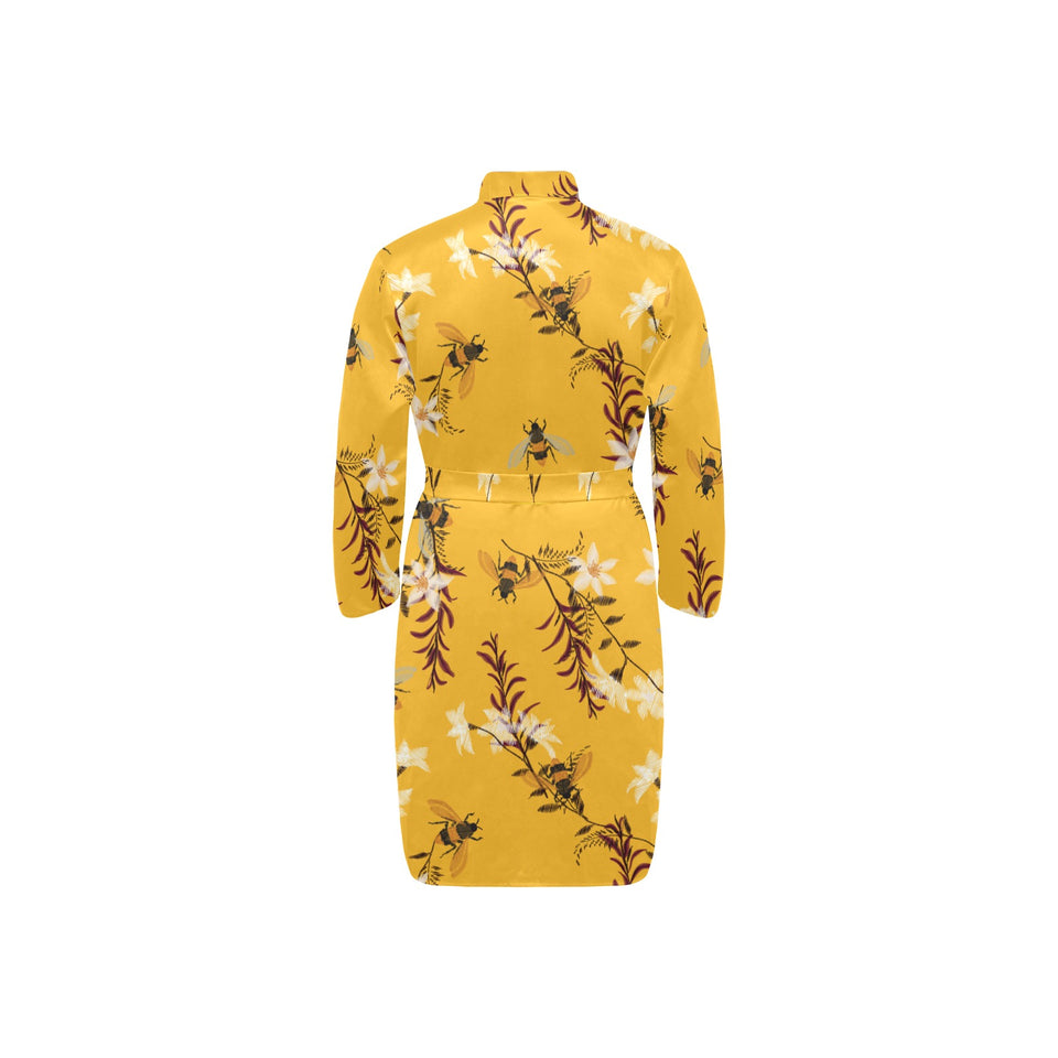 Bee flower pattern Men's Long Sleeve Belted Night Robe