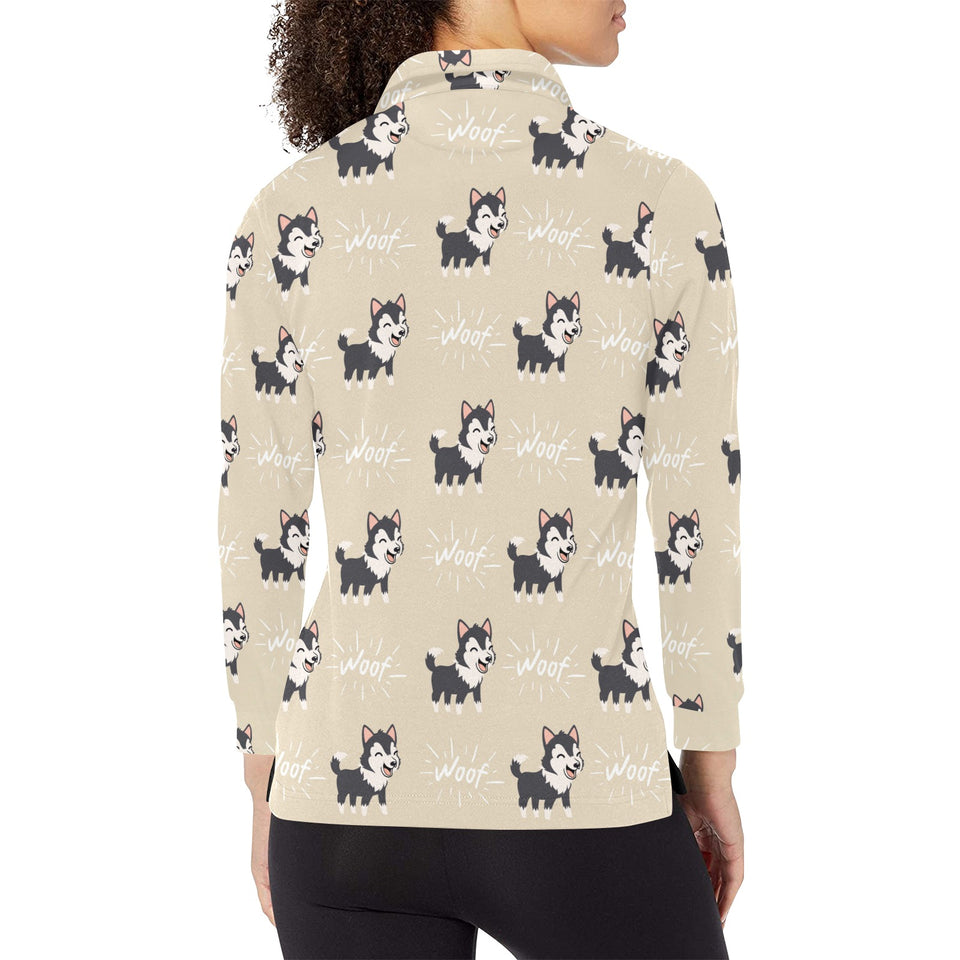 Cute Siberian Husky Women's Long Sleeve Polo Shirt