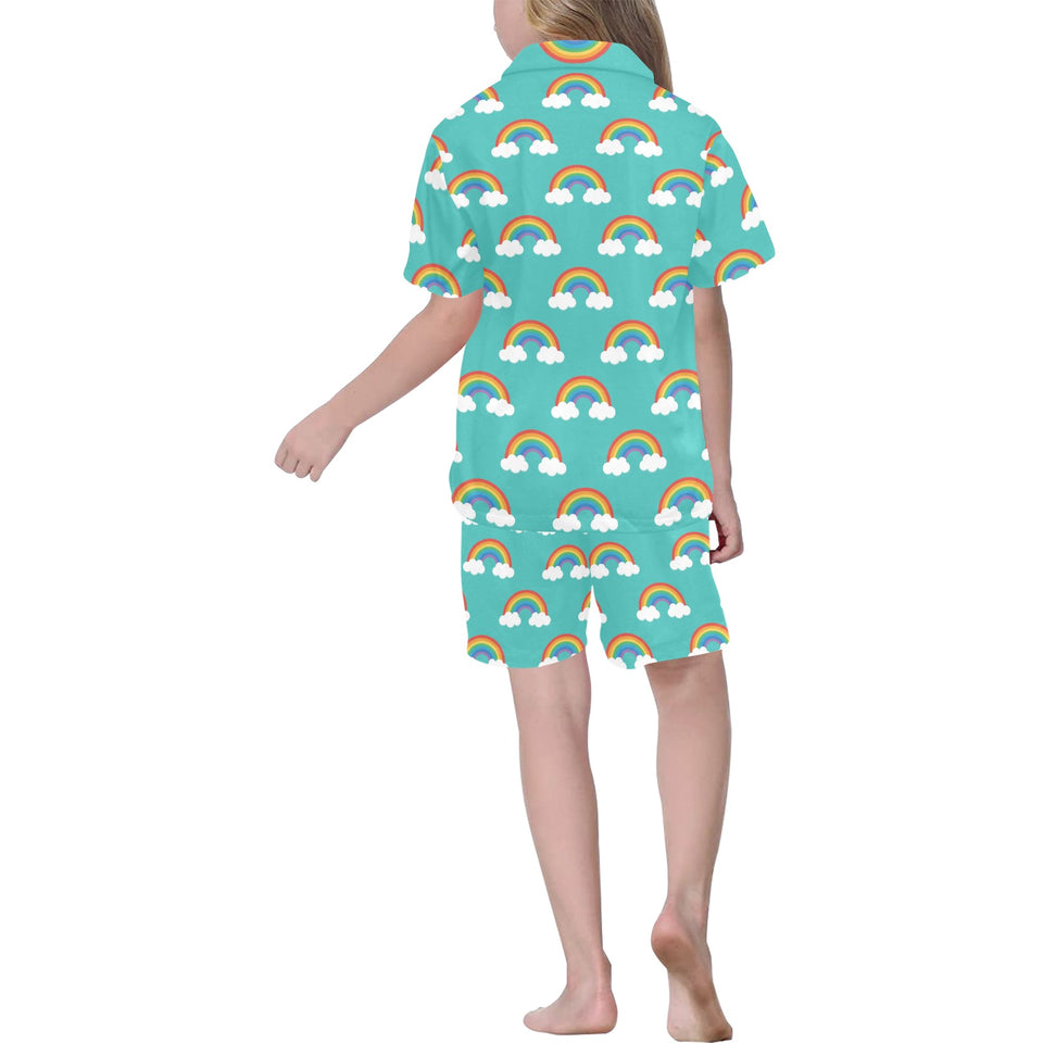 Rainbow pattern green background Kids' Boys' Girls' V-Neck Short Pajama Set