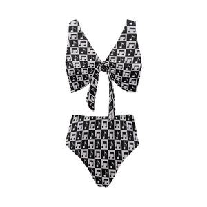 Music Notes Pattern Print Design 01 Chest Bowknot High Waisted Bikini Swimsuit