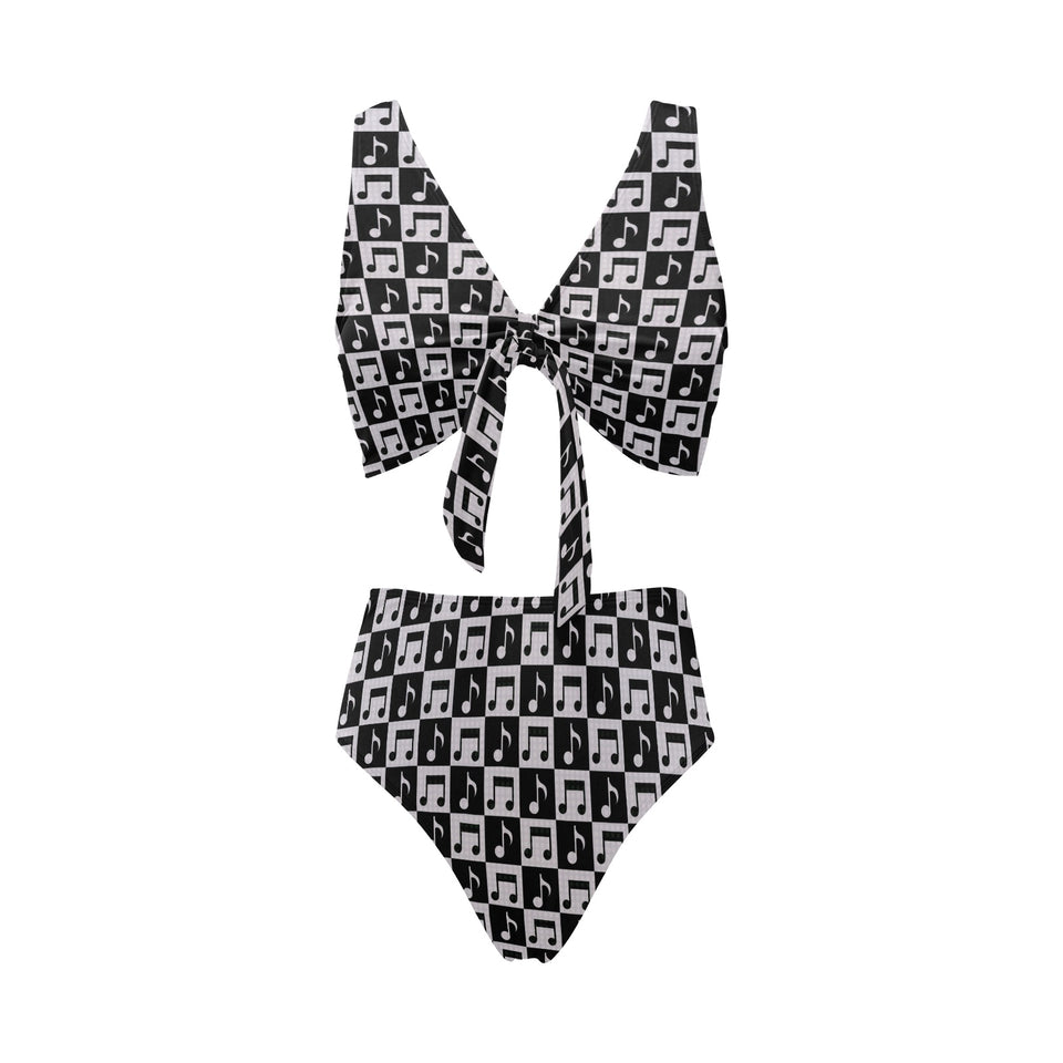 Music Notes Pattern Print Design 01 Chest Bowknot High Waisted Bikini Swimsuit