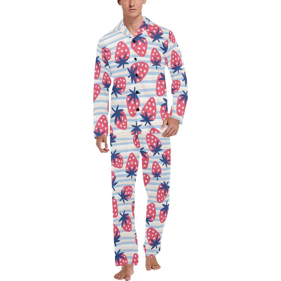 Strawberry pattern blue lines background Men's Long Pajama Set