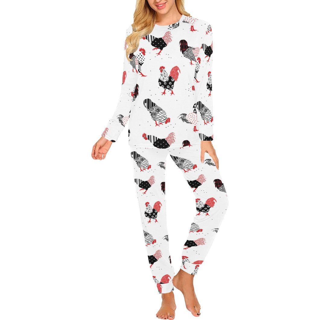 Cool rooster chicken cock floral ornament backgrou Women's All Over Print Pajama Set