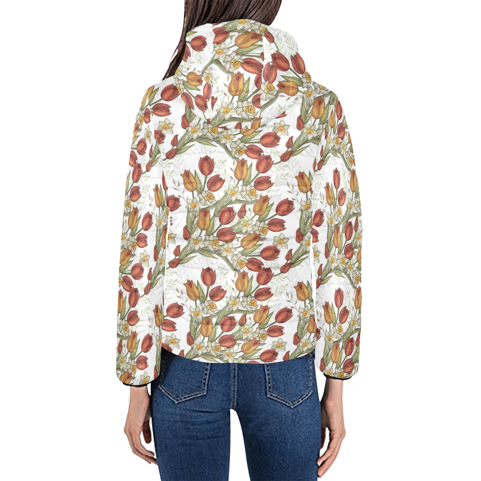 Red tulips and daffodils pattern Women's Padded Hooded Jacket