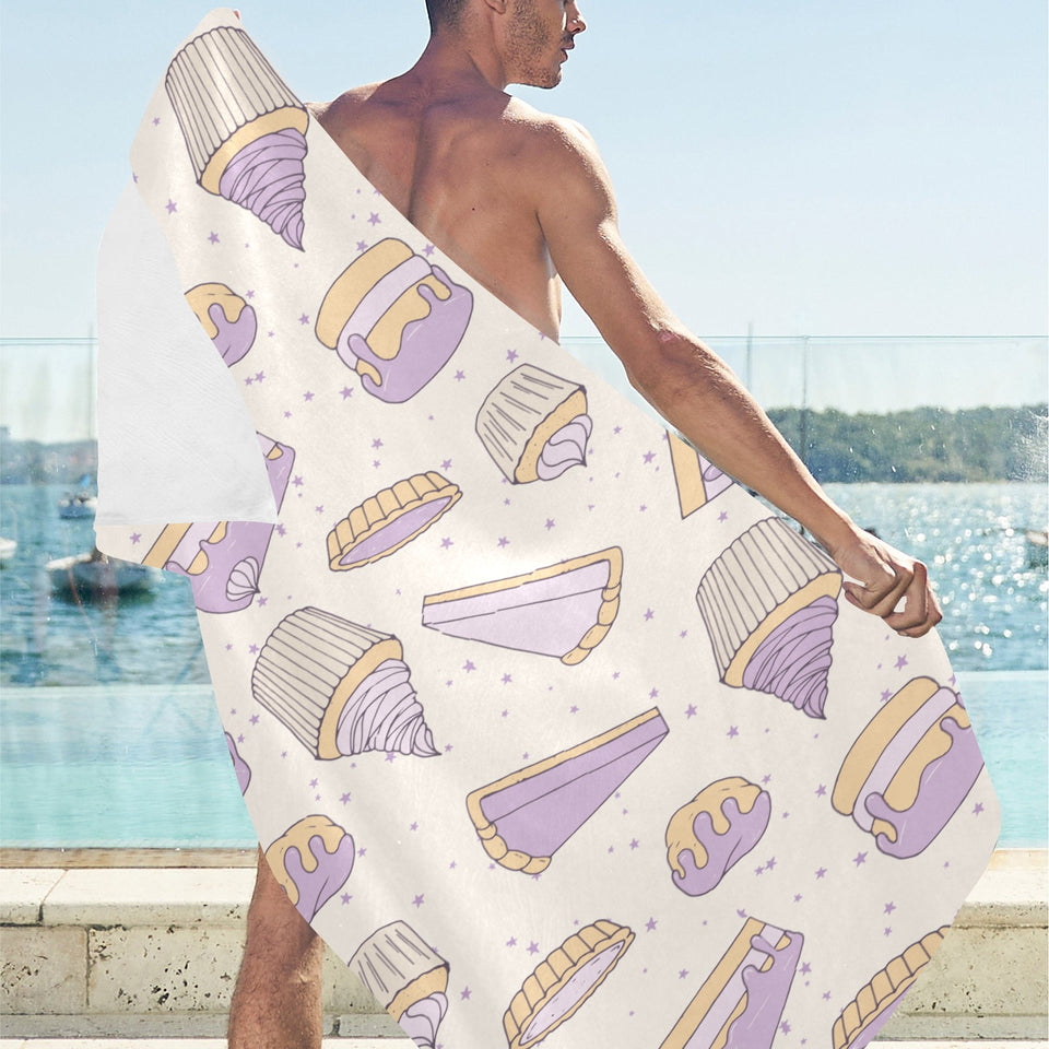 Cakes pies tarts muffins and eclairs purple bluebe Beach Towel