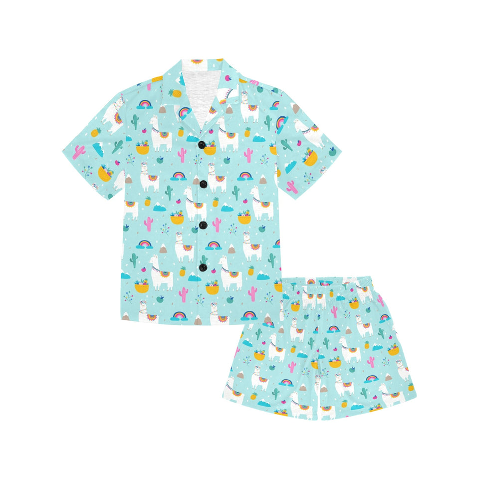 Llama alpaca cactus leaves pattern Kids' Boys' Girls' V-Neck Short Pajama Set