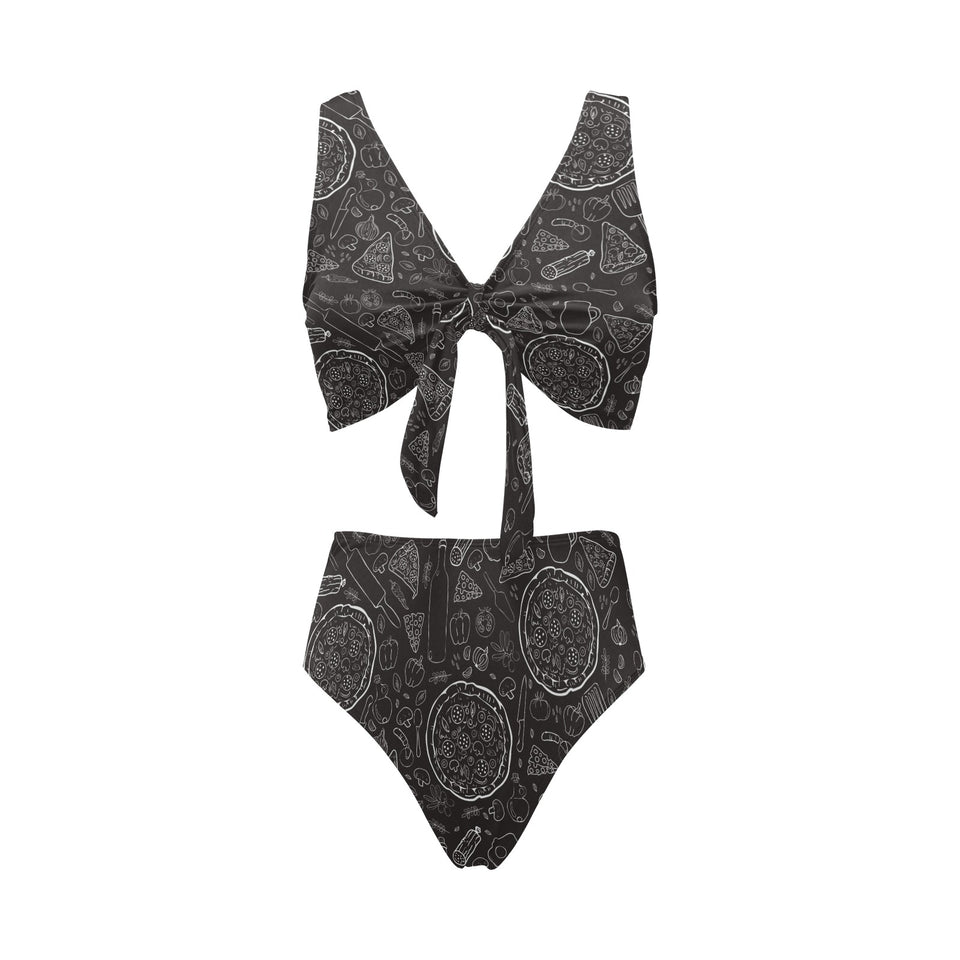 Pizza pattern Chest Bowknot High Waisted Bikini Swimsuit