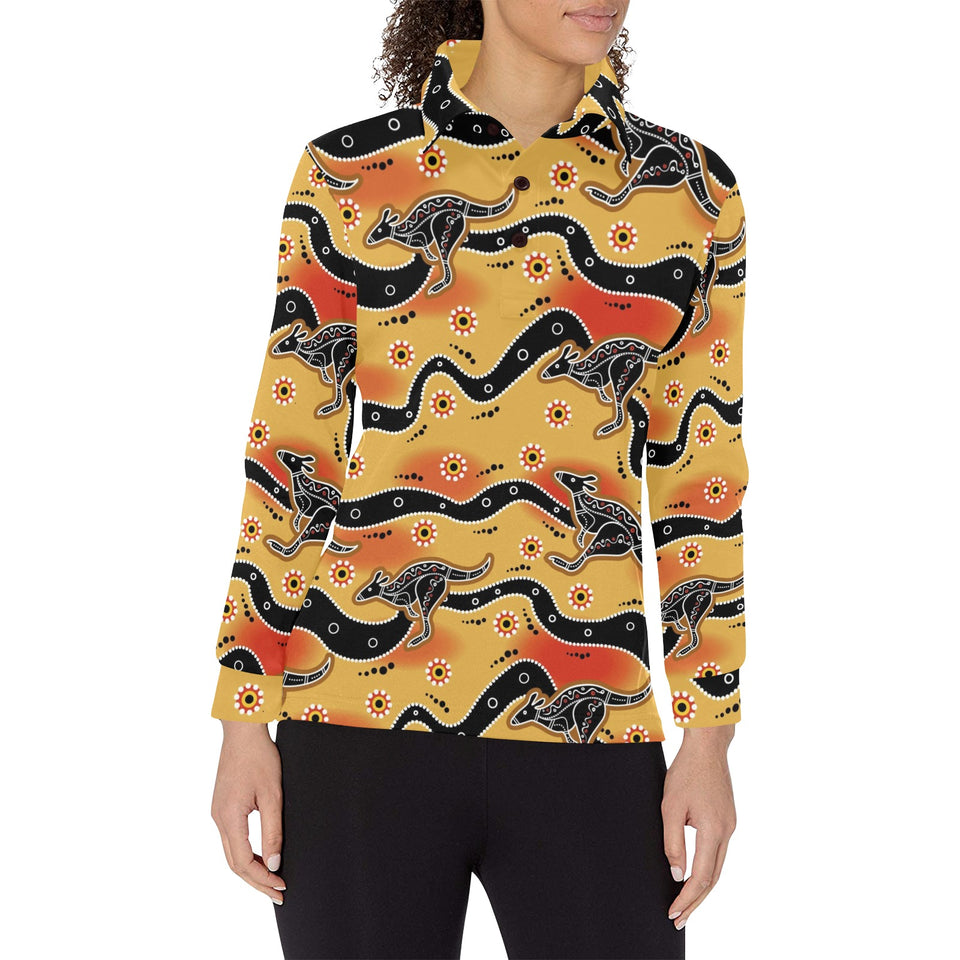 Kangaroo Australian aboriginal art pattern Women's Long Sleeve Polo Shirt