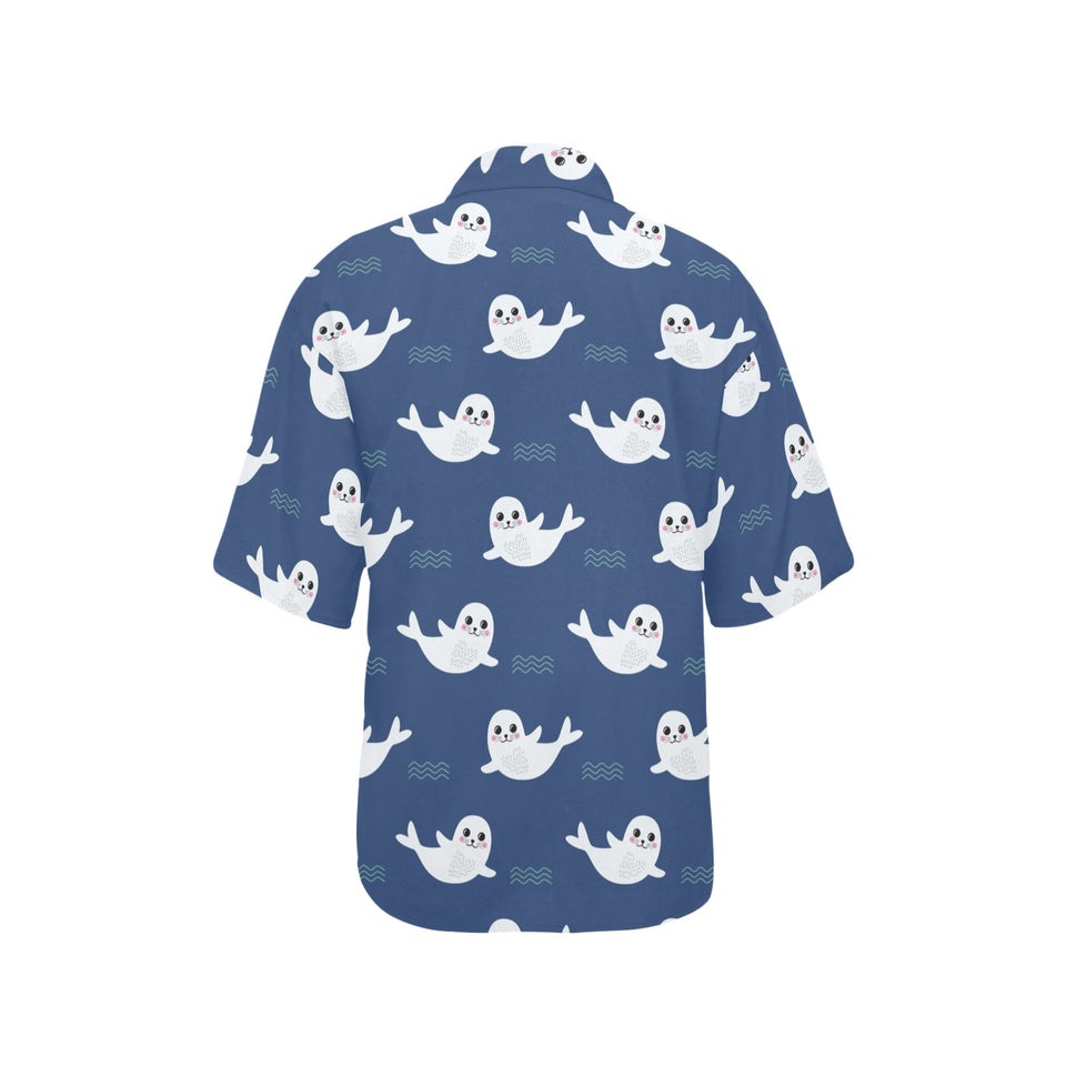 Cute white baby sea lion seal pattern Women's All Over Print Hawaiian Shirt