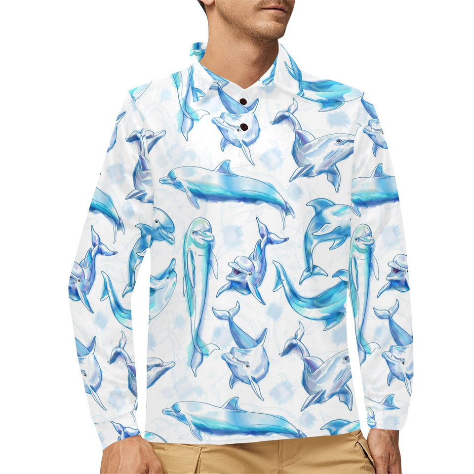 Watercolor dolphin pattern Men's Long Sleeve Polo Shirt