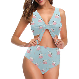 Cute cow flower pattern Chest Bowknot High Waisted Bikini Swimsuit