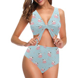 Cute cow flower pattern Chest Bowknot High Waisted Bikini Swimsuit
