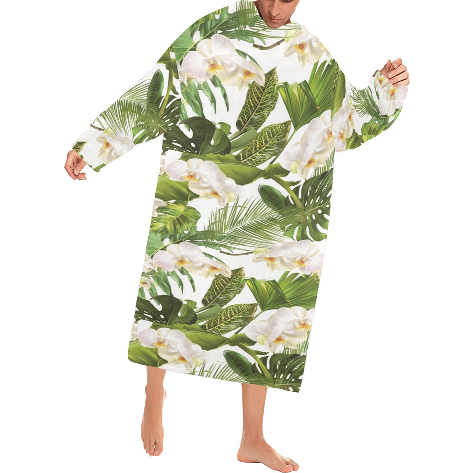 White orchid flower tropical leaves pattern Blanket Robe with Sleeves