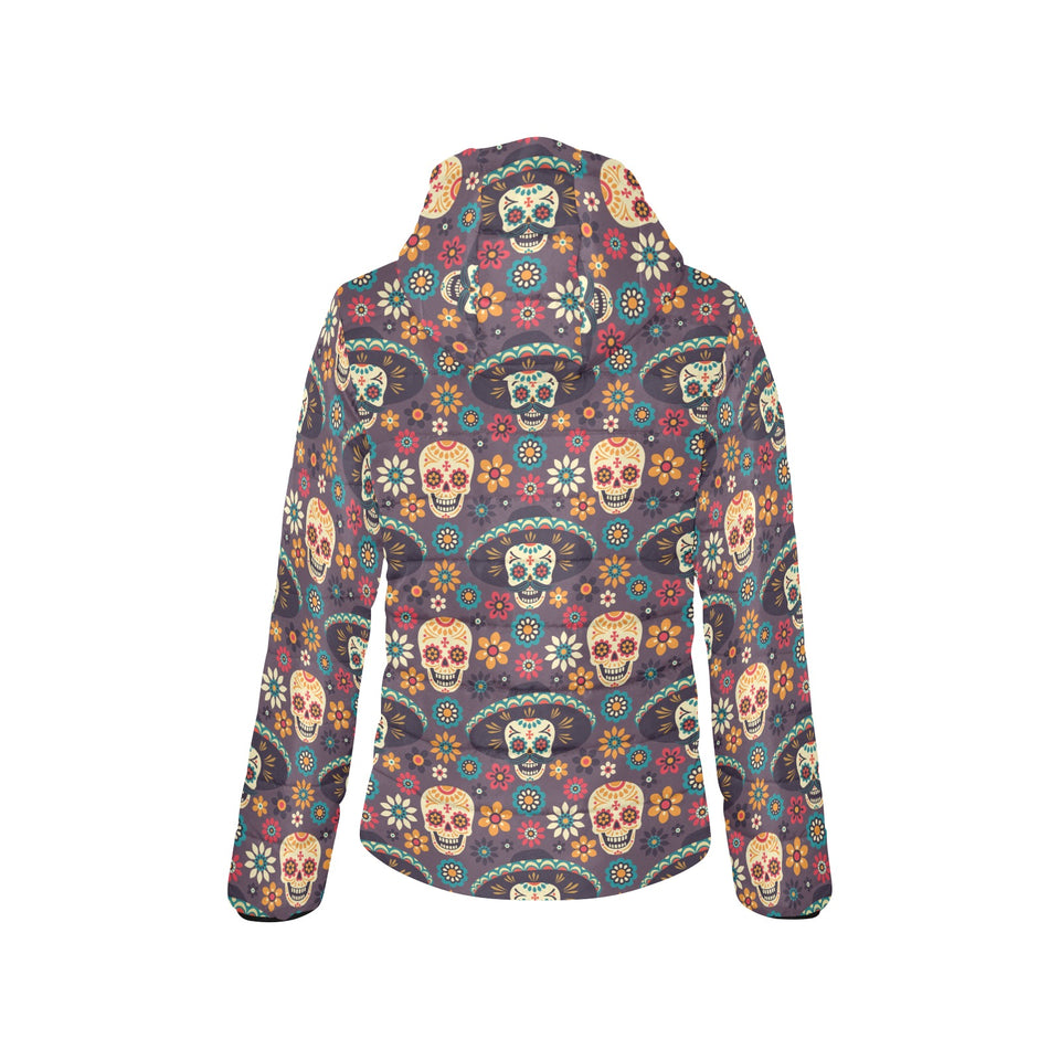 Sugar skulls flower maxican pattern Women's Padded Hooded Jacket