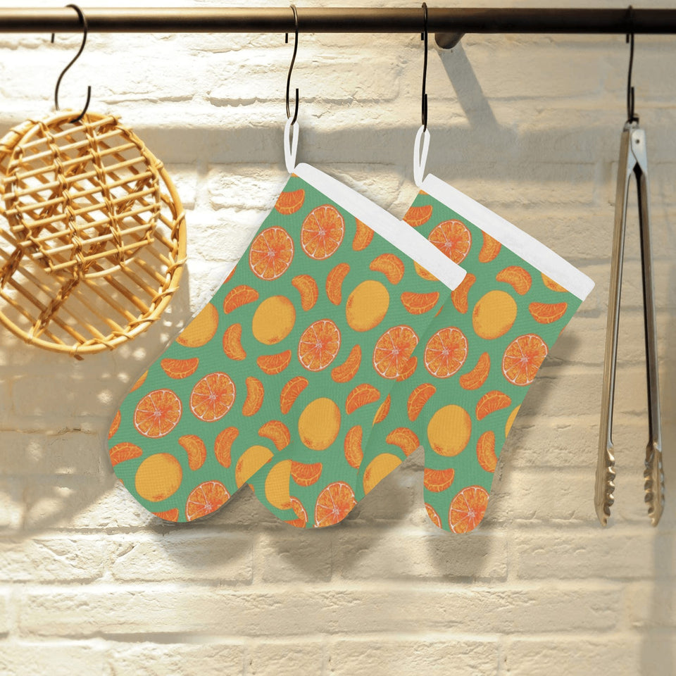 orange fruit pattern green background Heat Resistant Oven Mitts