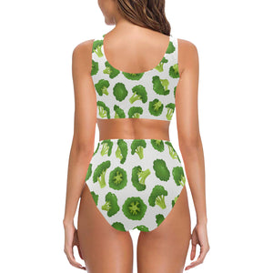 Cute broccoli pattern Chest Bowknot High Waisted Bikini Swimsuit