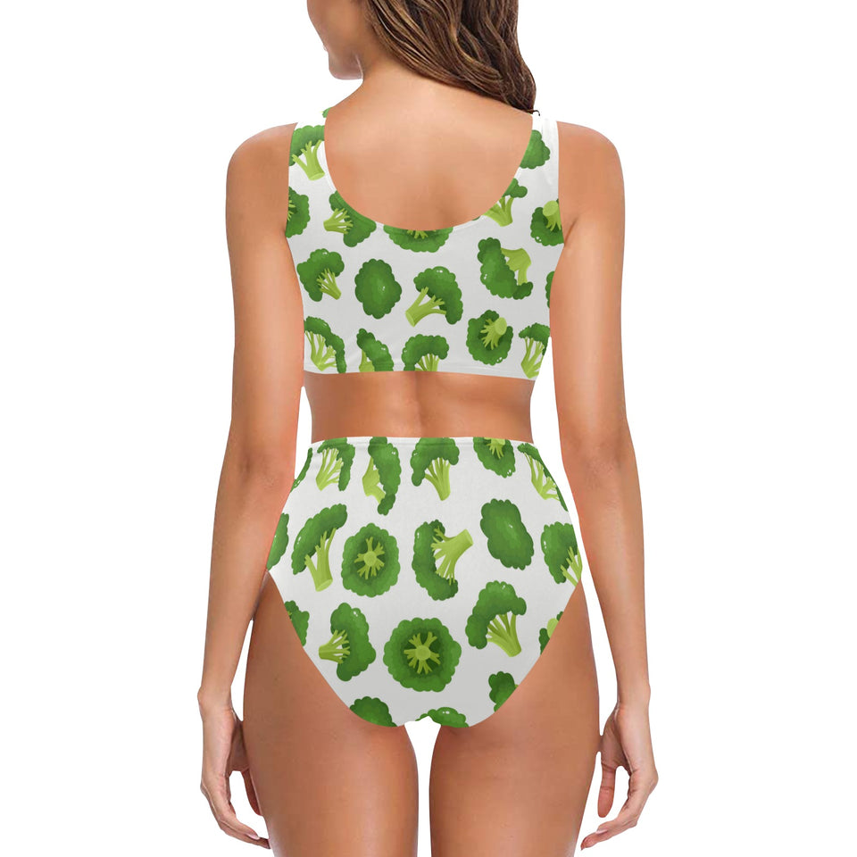 Cute broccoli pattern Chest Bowknot High Waisted Bikini Swimsuit