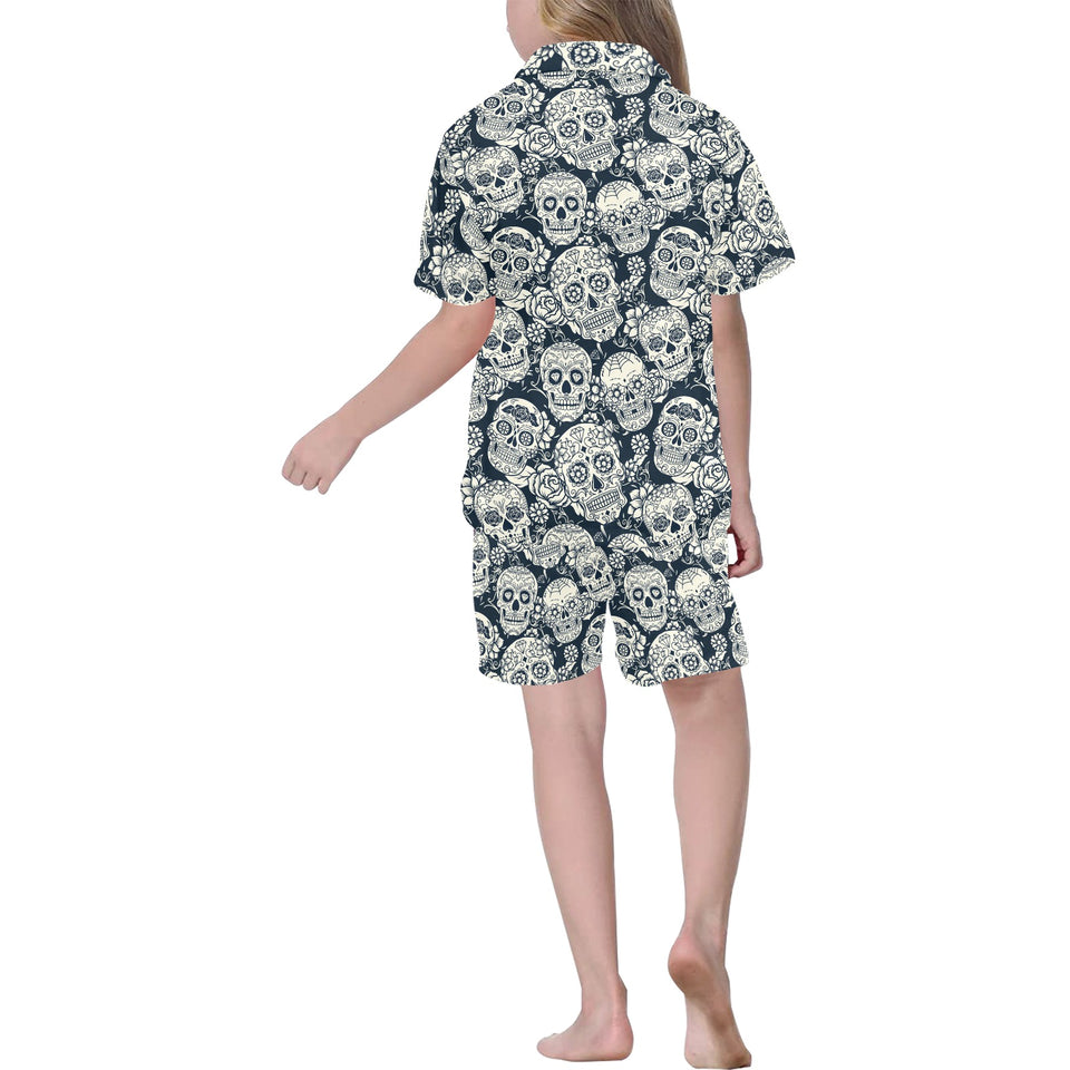 Sugar skull black white pattern Kids' Boys' Girls' V-Neck Short Pajama Set
