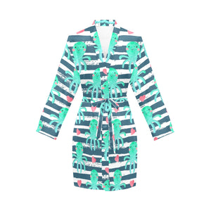 Cute octopuses heart striped background Women's Long Sleeve Belted Night Robe
