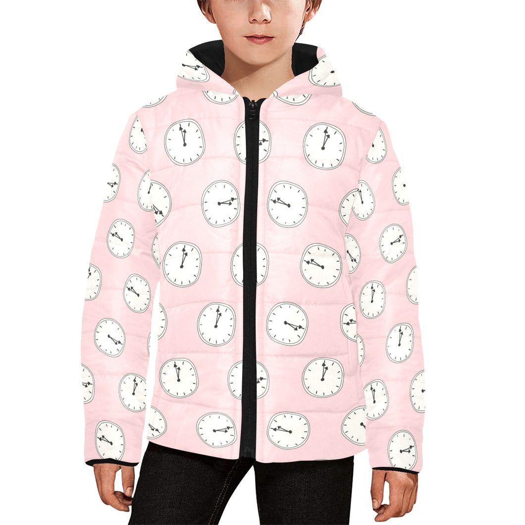 Clock pattern pink blackground Kids' Boys' Girls' Padded Hooded Jacket