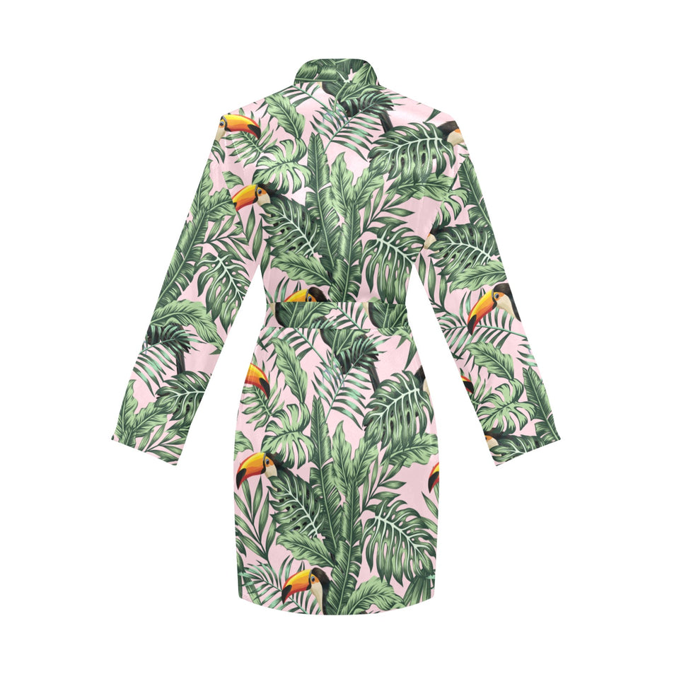 Toucan tropical green jungle palm pattern Women's Long Sleeve Belted Night Robe