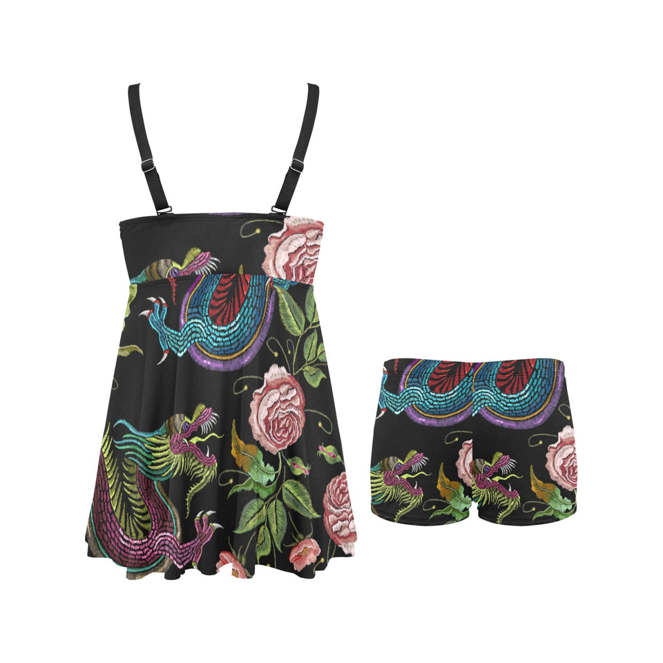 Dragons flower pattern Chest Sexy Pleated Two Piece Swim Dress