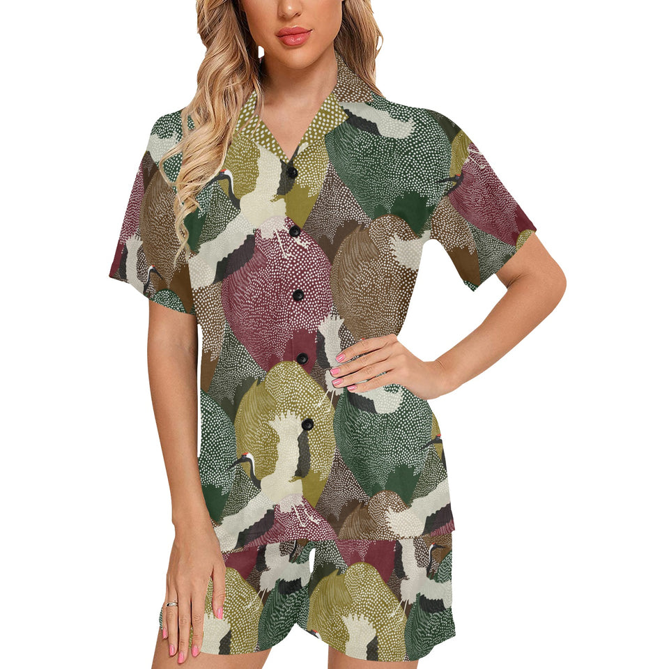 Japanese cranes flying forest dot pattern Women's V-Neck Short Pajama Set
