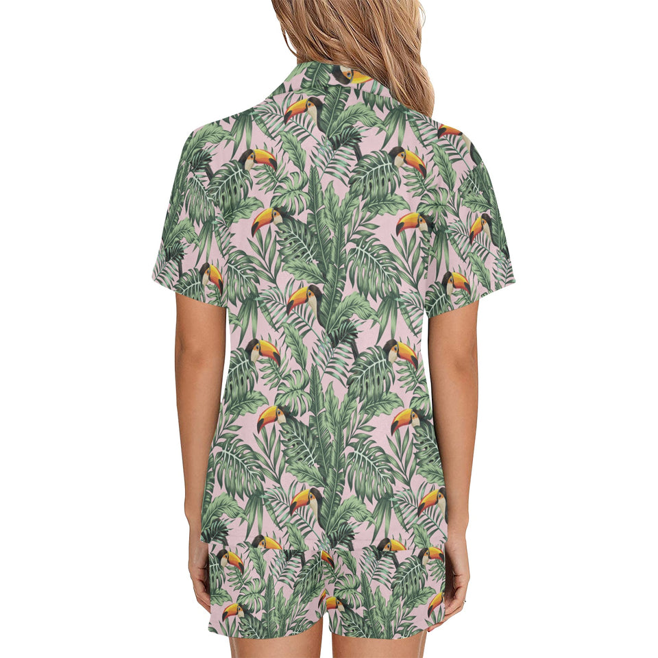 Toucan tropical green jungle palm pattern Women's V-Neck Short Pajama Set