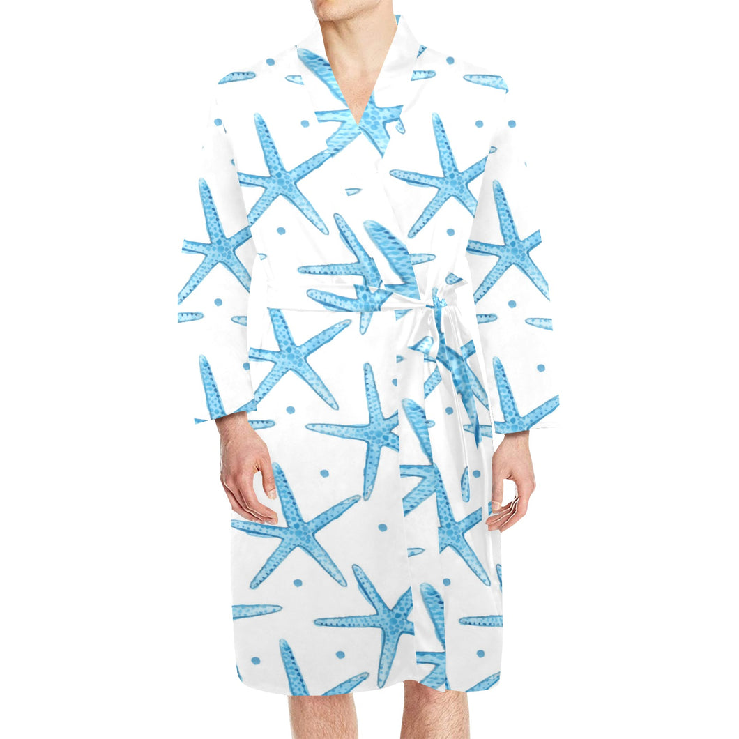 Watercolor starfish pattern Men's Long Sleeve Belted Night Robe