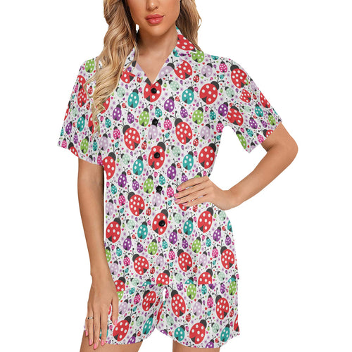 Ladybug Pattern Print Design 03 Women's V-Neck Short Pajama Set