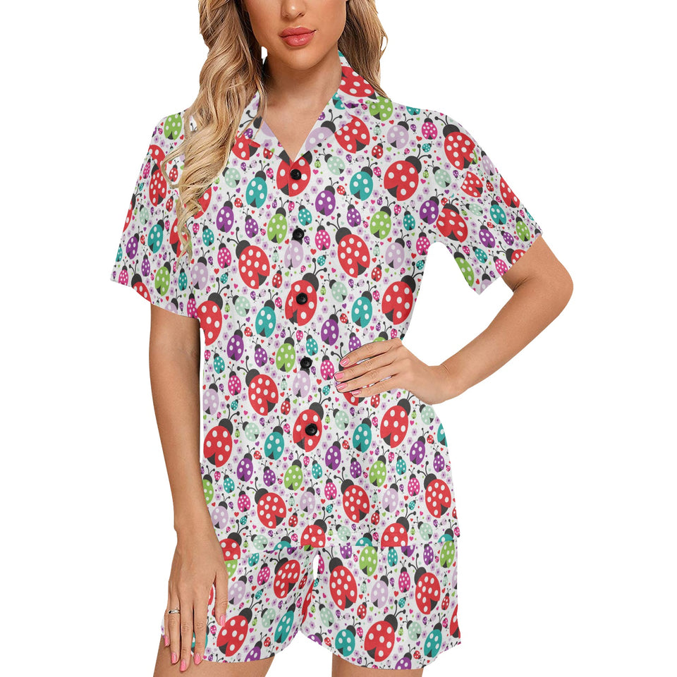 Ladybug Pattern Print Design 03 Women's V-Neck Short Pajama Set