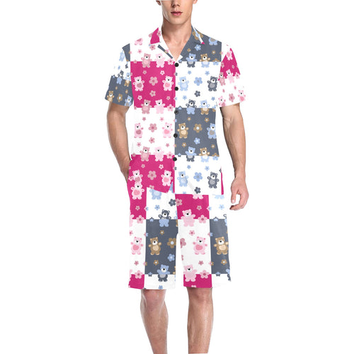Teddy Bear Pattern Print Design 03 Men's V-Neck Short Pajama Set