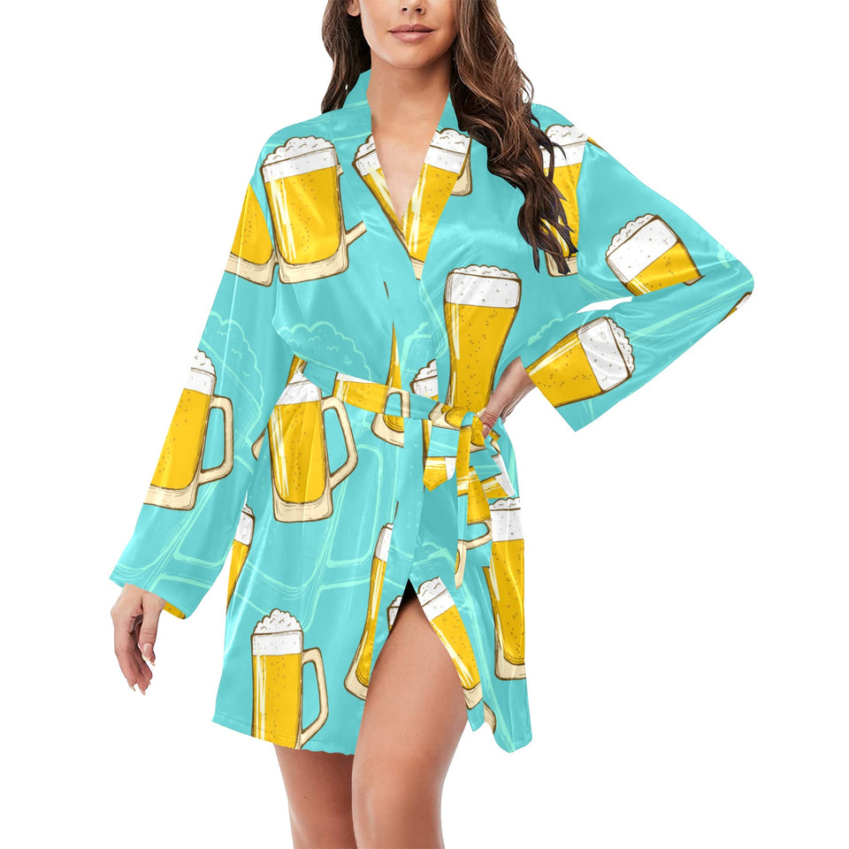 Beer pattern green background Women's Long Sleeve Belted Night Robe