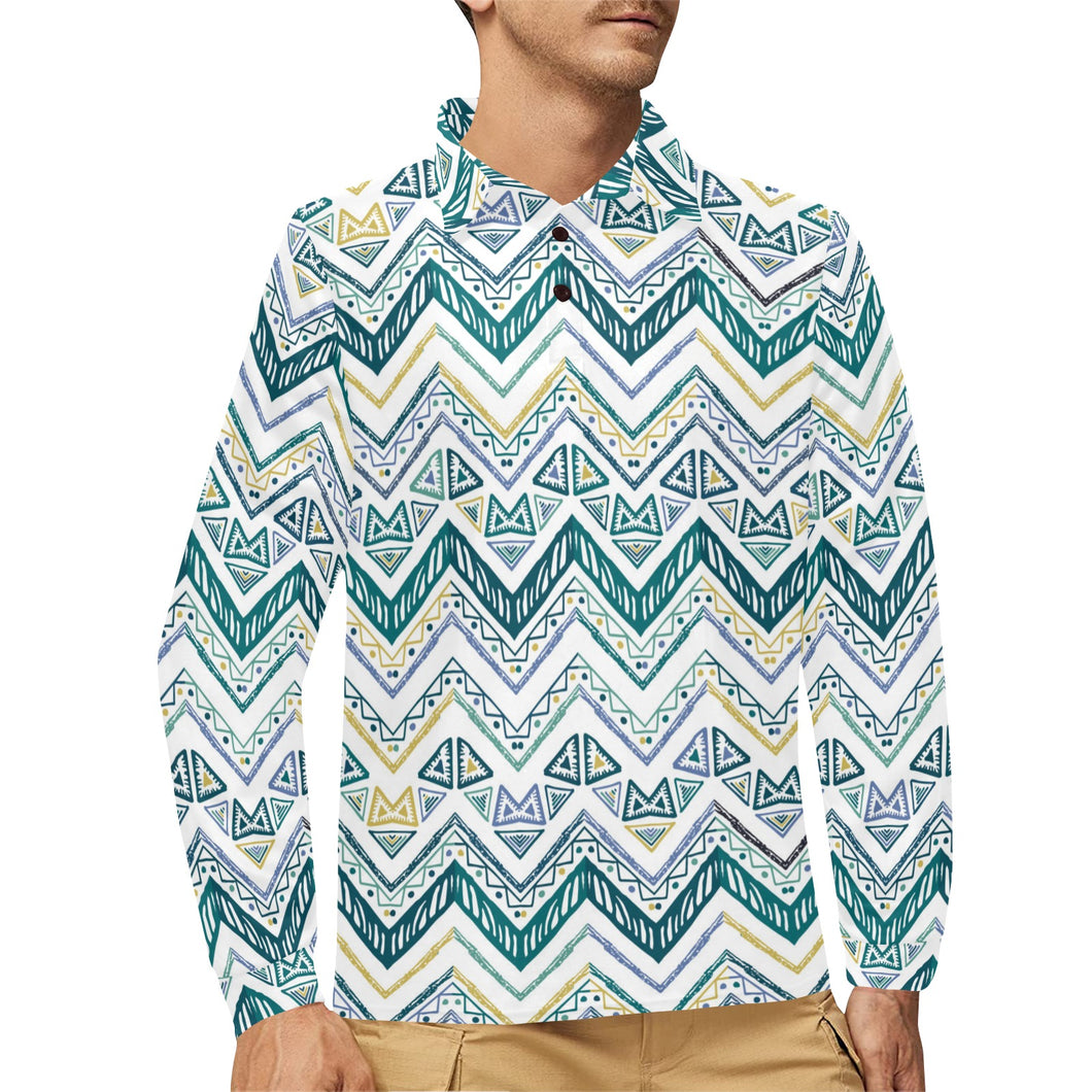 zigzag chevron paint design pattern Men's Long Sleeve Polo Shirt